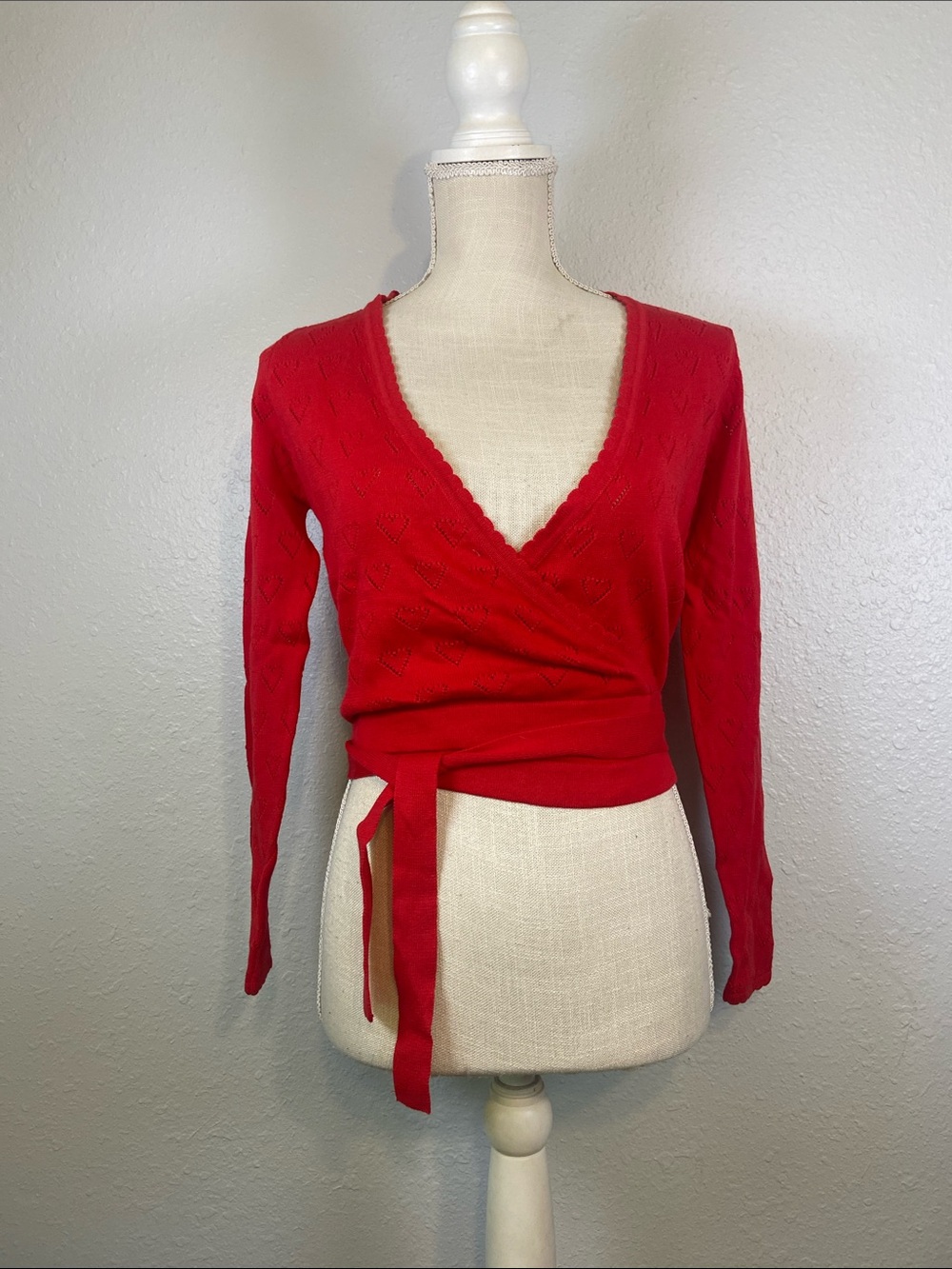 Collectif Vintage Retro Red Heart Knit Darcy Wrap Around Cardigan Size XS NEW
